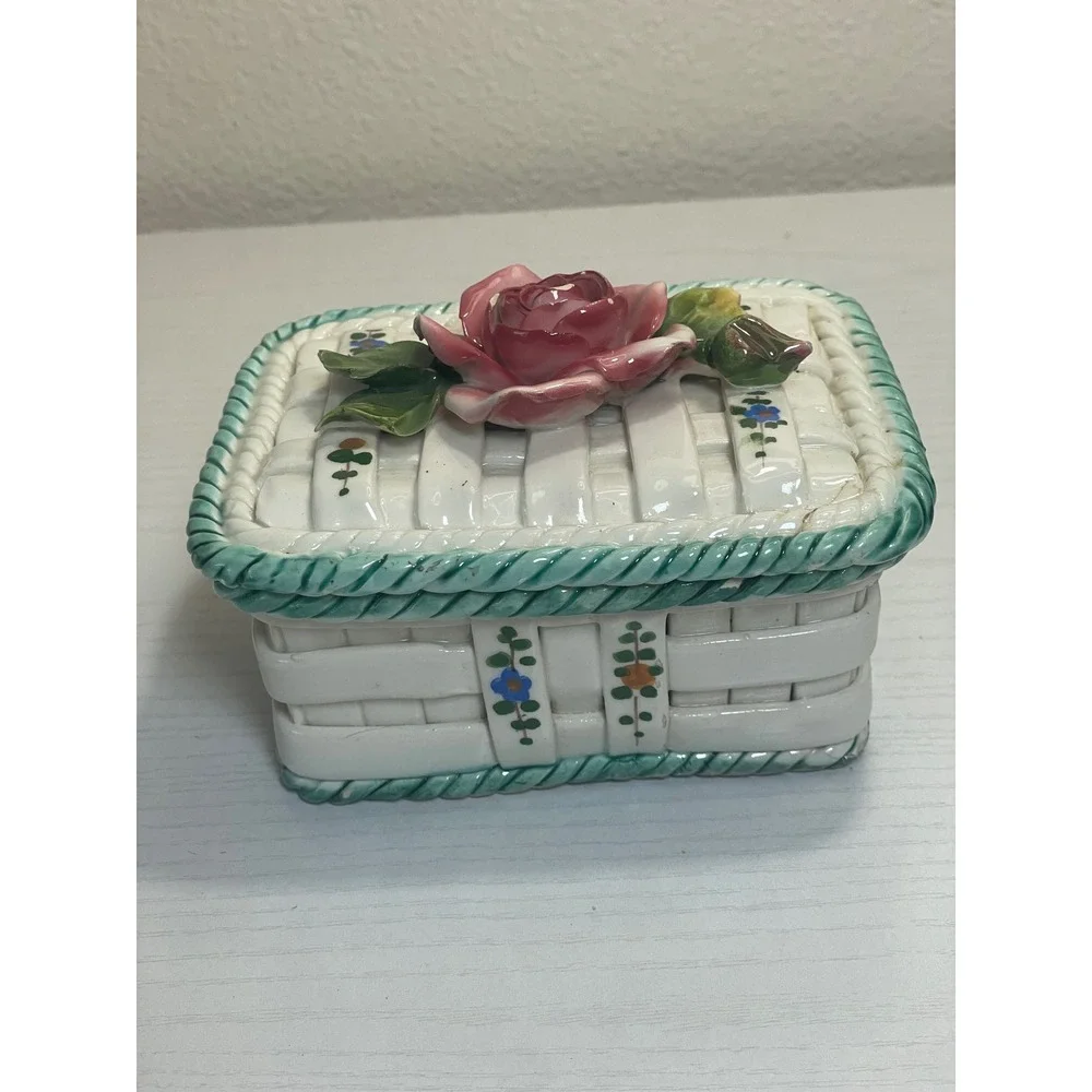 Vintage Italy Ceramic Rose Basket‎ Trinket Box Hand Painted Cottagecore Decor
